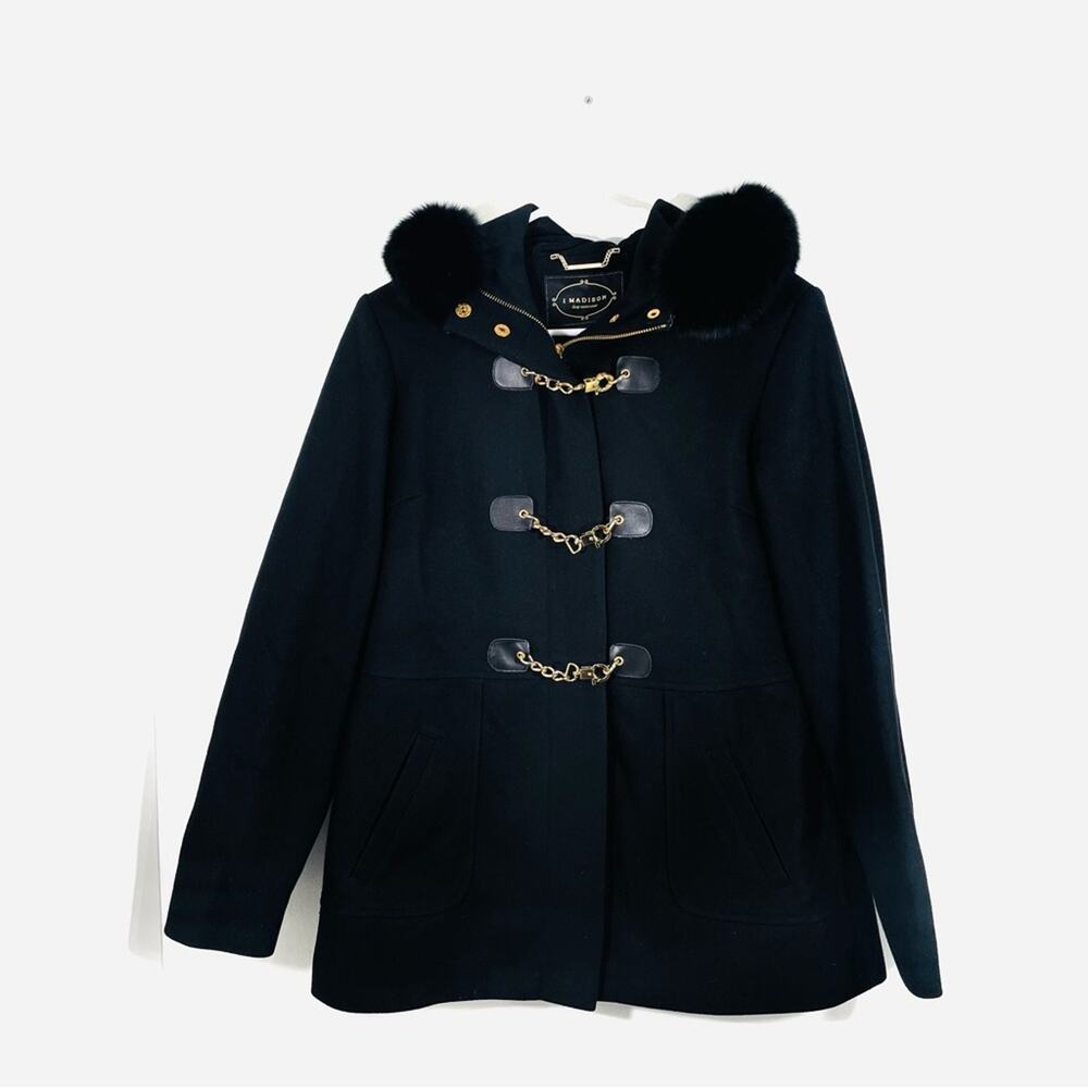 1 Madison Wool Cashmere Genuine Fox Fur Black Gold Chain Buckle Pea Coat 6